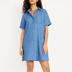 NWT Old Navy 100% Cotton Denim Blue Button Down Short Sleeve Shirt Dress
